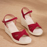 Yellow Soft Espadrille Wedge Heel Sandals Women Adjustable Ankle Strap Pink Jute Platform Summer Shoes Big Size 43