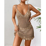 DEKA Style Knitting Multicolor Slip Dress Fashion Hollow Out Short Dress Women's Beach Holiday Bikini Cover Up Fishnet Crochet S