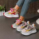 New Mixed Color Chunky Platform Sneakers Women 2026 Fashion Lace Up Thick Bottom Vulcanized Shoes Woman Non Slip Old Dad Shoes