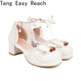 Women's White Pink Bowknot Single Sandals Ruffles High Heels Girls Student Mary Janes Lolita Party Dress Shoes Size 32-48 French