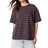 Striped Print Summer T-shirt for Women Loose Casual Contrast Short Sleeve Round Neck Basic Tops