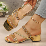 Luxury Gold Thick Heeled Sandals Women Summer Plus Size Square Toe Crystal Sandles Woman Fashion Slip On High Heel Party Shoes