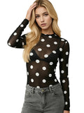 Women’s Spring Summer Crew Neck Mesh T-Shirts Long Sleeve Dots Print Slim Fit Transparent Classic Tops