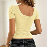 Y2k Lace Patchwork Crop T-Shirt Women Vintage Streetwear Sexy Slim U Neck Tops Female Harajuku Korean Chic Ribbed Bottoming Tees