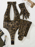 Women Leopard Print Bodysuit With Gloves Leggings Hollow Out Backless Deep V Suspenders Sleeveless Bodysuits Charming Thin 3X4C
