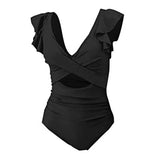 Women Monokini V-Neck Ruffle Sleeve One-Piece Swimsuit Solid Color High Waist Tummy Control Bathing Suit