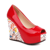 2026 New Big Size 33-43 Summer White Bohemian Graffiti Platform Pumps Slip On Black Red Chunky High Heels Wedges Shoes Women