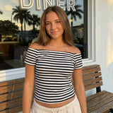 Women's Summer Off Shoulder Tops Short Sleeve Stripes Print T-Shirts Fashion Basic Crop Tops