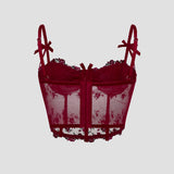 Sexy Lace Floral Embroidery Bow Corset For Women Camisole Sheer Mesh Fishbone Slim Crop Top Wired Bra Camis Festival Lingerie