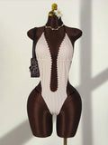 Sexy Beige Contrast One Piece Swimwear Women Deep V Neck Hollow Out Bakcless Thong Bikini Beach Bathing Suit Swimsuit 2026