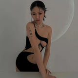 2025 Summer New Sexy Bag Hip Tank Mini Dress Fashion Slant Shoulder Pure Desire Mesh Temptation Dress Elegant 2025 New Tops VEP8