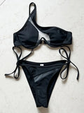 Splicing Mesh Underwire V-bar One Shoulder Bikini Women Swimsuit Female Swimwear Two Pieces Bikini Set Push Up Bathing Suit Swim