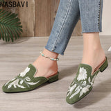 NASBAVI Fashion 3d Embroidery Mules Women Fur Slippers Velvet Shoes Ladies Low Heel Flower Decoration Sandals Women's Flip Flops