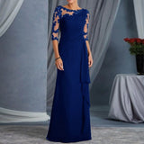 Women Elegant Lace Long Dress Sexy See Through Round Neck Mid Sleeve Dress Solid Color Evening Party Prom Dress Cocktail Gown