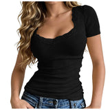 Y2k Lace Patchwork Crop T-Shirt Women Vintage Streetwear Sexy Slim U Neck Tops Female Harajuku Korean Chic Ribbed Bottoming Tees