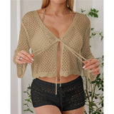 V Neck Long Sleeve Hollow Out Crochet Knitted Tunic Beach Dress Beach Wear Beachwear Beach Cover Up Cover-upsFemale Women V7192