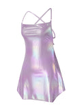 Women Sleeveless Backless Party Club Dress Solid Color Shiny Spaghetti Strap Mini Dress for Cocktail Nightclub Beach