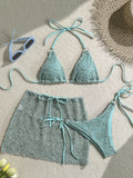 With Fishnet Sarong Skirt Halter Micro Bikini Women Swimwear Female Swimsuit Three-pieces Bikini Set Bathing Suit Swim Beachwear