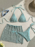 With Mesh Sarong Skirt Halter Bikini Women Swimwear Female Swimsuit Three-pieces Bikini Set Fishnet Bathing Suit Swim Beachwear