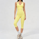 2PCS Workout Set Women Yoga Sets V Neck Cross Slim Sports Tank Top Athletic Wear Outdoor Tight High Waist Leggings Fitness Suits