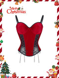Christmas Red Black Lace Fishnet Boned Bodysuit, Sexy Push Up Corset Shapewear with Side Smoothing, Tummy Control Lingerie