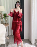 Gold velvet three-piece pajamas set, autumn and winter lace nightgown, sexy home wear with chest pad