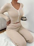 Women Autumn Winter Sleepwear Blue Lace Long Sleeves T-shirt Tops and Trousers 2 Pieces Pajamas Set Loungewear Home Suit