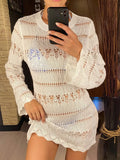 S - XL Long Sleeve Hollow Out Crochet Knitted Tunic Beach Cover Up Cover-ups Beach Dress Beach Wear Beachwear Female Women K5542