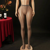 Knitted Seamless Fishnet Pantyhose Jacquard Lace Sexy Vertical Stripe Fishnet Stockings Transparent Pure Desire Elegant W0NL