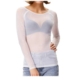 Sexy Women T Shirt See Through Mesh Black Long Sleeve Tees Sheer Slim Fit O Neck Tulle Crop Top Y2k T-Shirt Transparent Clubwear