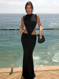 FDYOUI Elegant Sexy Sleeveless Backless Long Holiday Beach Dress Women Chic Hollow Out Solid Long Maxi Evening Party Dresses