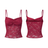 Women's Lace Cami Tops Sleeveless Ruched Front Solid Color Camisole Slim Fit Tank Tops Summer