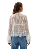 Womens Lace Floral Sheer Blouse Flare Long Sleeve Mock Neck Ruffle Peplum Hem Cropped Shirts Elegant Sexy Cover-ups Tops