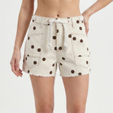 Women's Summer Denim Shorts with Pockets Casual Stylish Dot Print Mid Rise Tie-up Belted Wide Leg Jean Shorts
