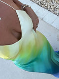 Women's Summer Cami Long Dress Gradient Color Spaghetti Strap V-Neck Backless Beach Evening Party Dress