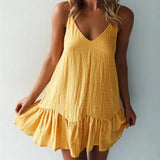 V Neck Summer Dress for Dating Women Dress Solid Color Flounce Edge Spaghetti Strap Women Party Dresses