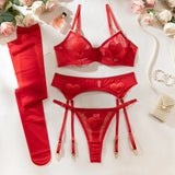 Toucheart Sexy Lingerie Undies Solid Color Mesh See-through Women's Garters Underwear Suit Sexy Stocking Underwear 5-piece Set