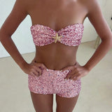 Women's Sequined Outfit Strapless Bra Tops and Slim Fit Shorts 2 Pcs Set for Spring Summer