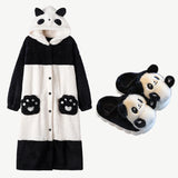Cartoon Panda Plush Pajamas Robes Anime Adult Nightgown Winter Long Sleeve Night Dress Halloween Party Comfy Kawaii Girl Slipper