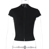 FDYOUI Y2K Streetwear Covered Buttons Black T-shirts for Women Sexy Fashion Short Sleeve Corset Ladies Slim Crop Tops Tee Shirt