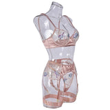 Toucheart 4-Piece Set Sexy Lingerie Set Embroidery Patchwork Mesh See-Through Exotic Underwear Women Garter Belt Underwear Suit