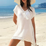 New V Neck Short Sleeve Solid Crochet Knitted Tunic Beach Cover Up Cover-ups Beach Dress Beach Wear Beachwear Female Women V7914