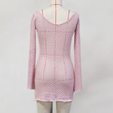 V Neck Long Sleeve Hollow Out Crochet Knitted Tunic Beach Cover Up Cover-ups Beach Dress Beach Wear Beachwear Female Women V6081