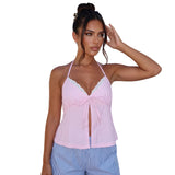 Women's Summer Halter Neck Camisole Sleeveless Open Back Deep V Neck Striped Cami Tank Tops
