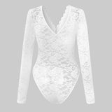 Sexy White Lace Bodysuit Women Solid Color Long Sleeve Sheer Corset Top Autumn Ruffles V Neck See Thourgh Slim Fit Jumpsuit