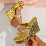 Fashion Crystal Wedges Heels Sandals Women Woven Clip Toe Chunky Platform Sandles Woman Summer Gold Silver High Heeled Slippers