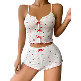 Sleepwear Women Pajamas Set Heart Print Soft Ribbed Fabric with Flirty Frill Trim Casual Top and Shorts Sets Loungewear New