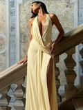 FDYOUI 2026 Summer Deep V-neck Hollow Out Long Maxi Evening Dress Women Chic Backless High Slit Ruched Solid Party Club Dresses