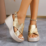 Gold Snake Pattern Wedge Heeled Sandals Women 2026 Summer Chunky Platform Sandles Woman Thick Bottom Back Strap Rome Sandalias