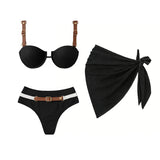 3Pcs Denim Printed Bikini 2026 Women Sexy Swimsuit Leather Strap Swimwear Bandeau Biquini Female Push Up Bathing Suit Beachwear
